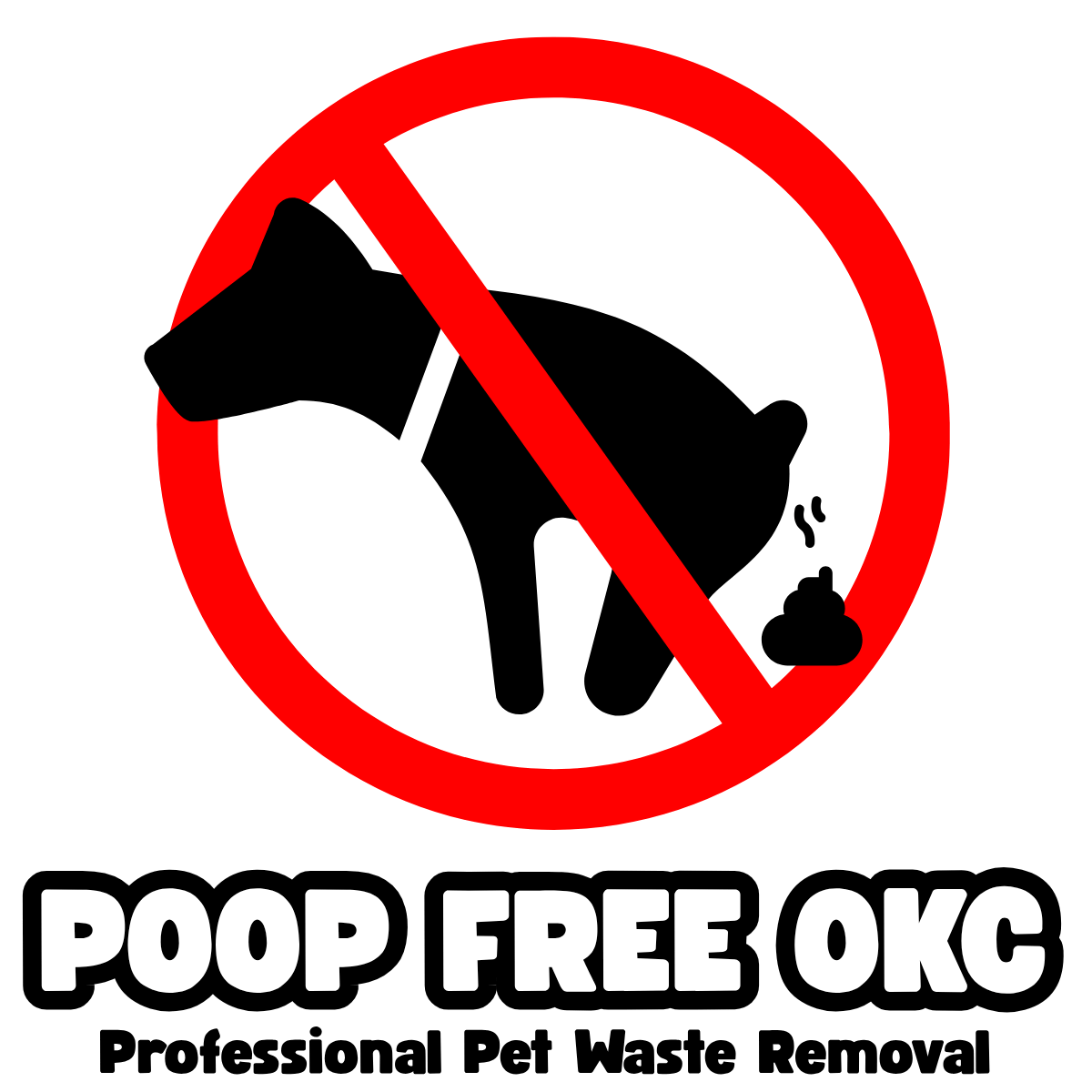 Poop Free OKC logo featuring a red circle and slash over a dog silhouette, symbolizing professional pet waste removal in Oklahoma City.