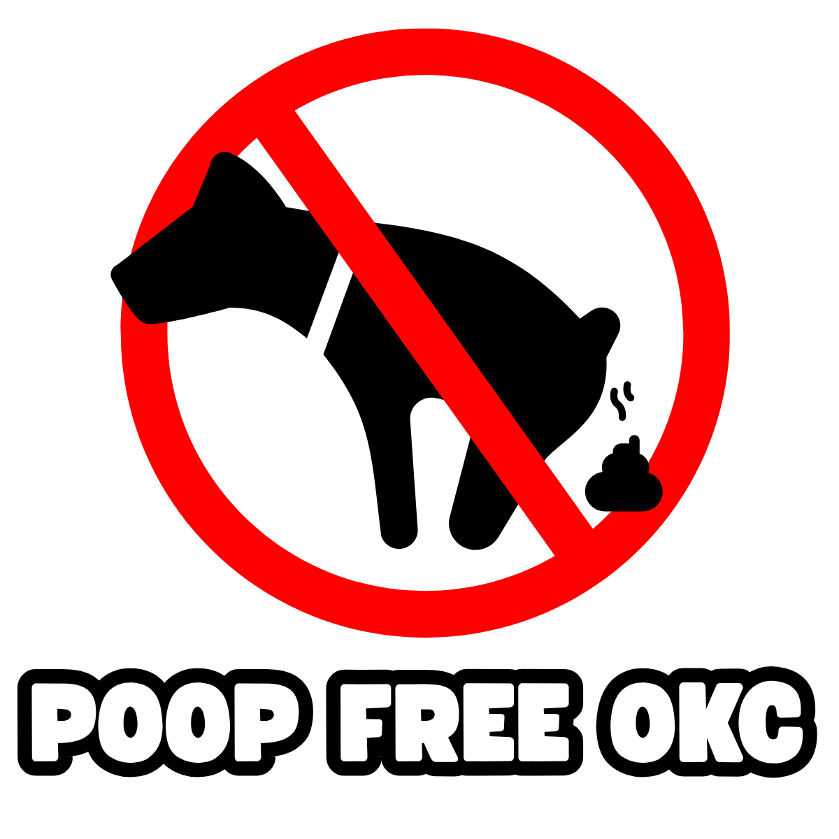 Poop Free OKC white logo with red no-poop symbol for professional dog waste removal in Oklahoma City.