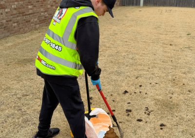 Poop Free OKC technician scooping dog waste.