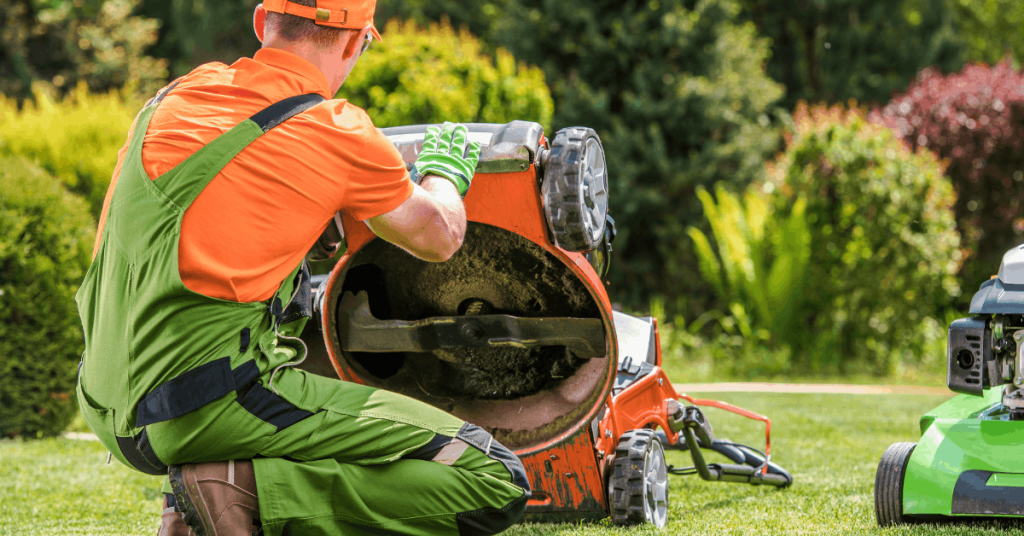 Lawn care worker cleaning a mower after running over dog poop in an Oklahoma City backyard.