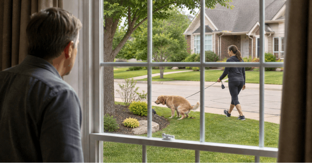 Neighbor Not Picking Up Dog Poop in Yard – What to Do | PoopFreeOKC.com Neighbor watching another dog owner not picking up dog poop in their yard in a residential neighborhood.