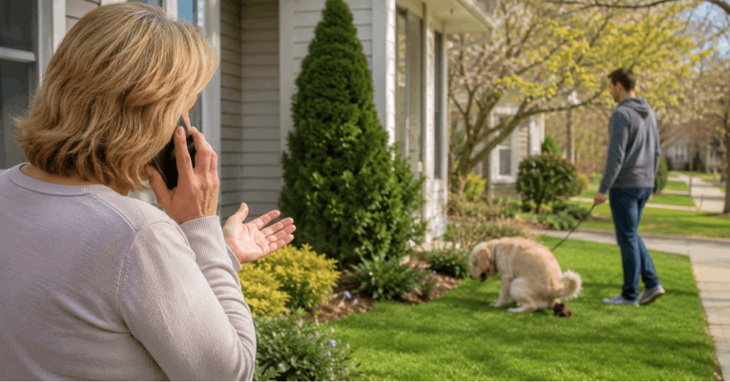 Woman watching a neighbor allow their dog to poop in a residential yard without cleaning it up.