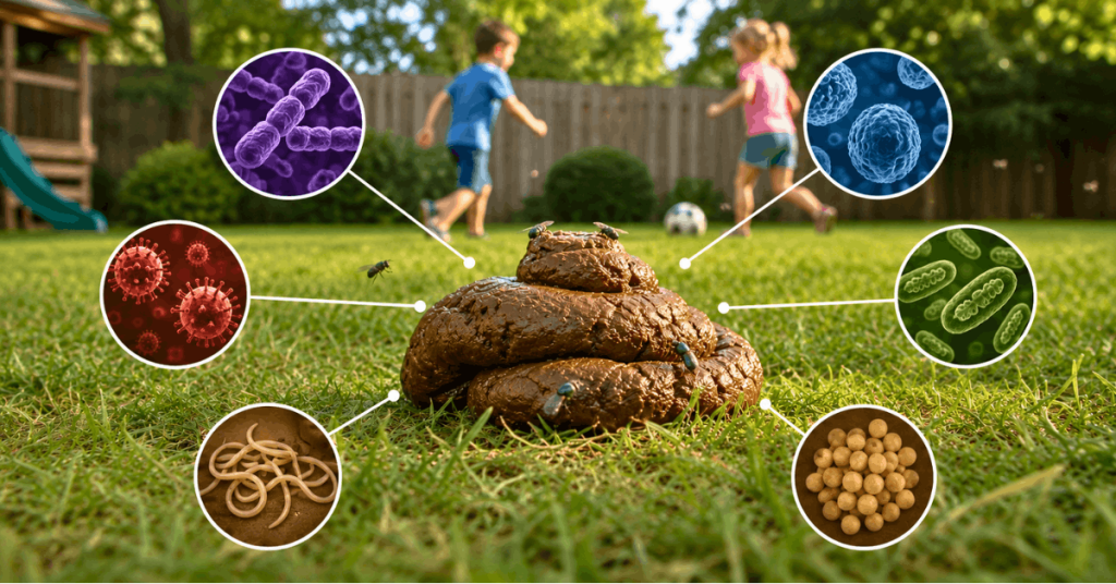 Illustration showing bacteria, parasites, and microorganisms commonly found in dog poop in a residential backyard.