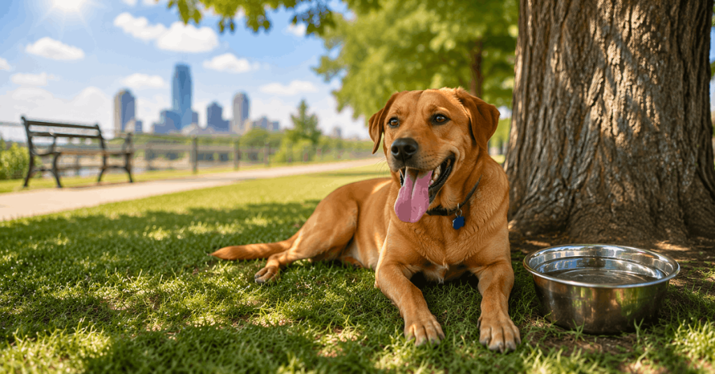 Dog Heat Safety Tips for Oklahoma Summers | PoopFreeOKC.com Dog resting in the shade with fresh water during a hot Oklahoma summer day.