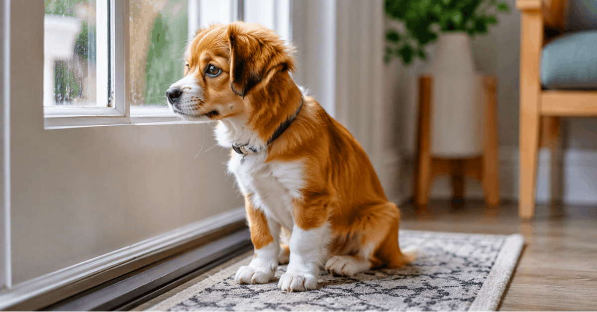 How Long Can a Dog Hold Their Pee? PoopFreeOKC.com Dog sitting by a door waiting to go outside and urinate during house training and potty routine.