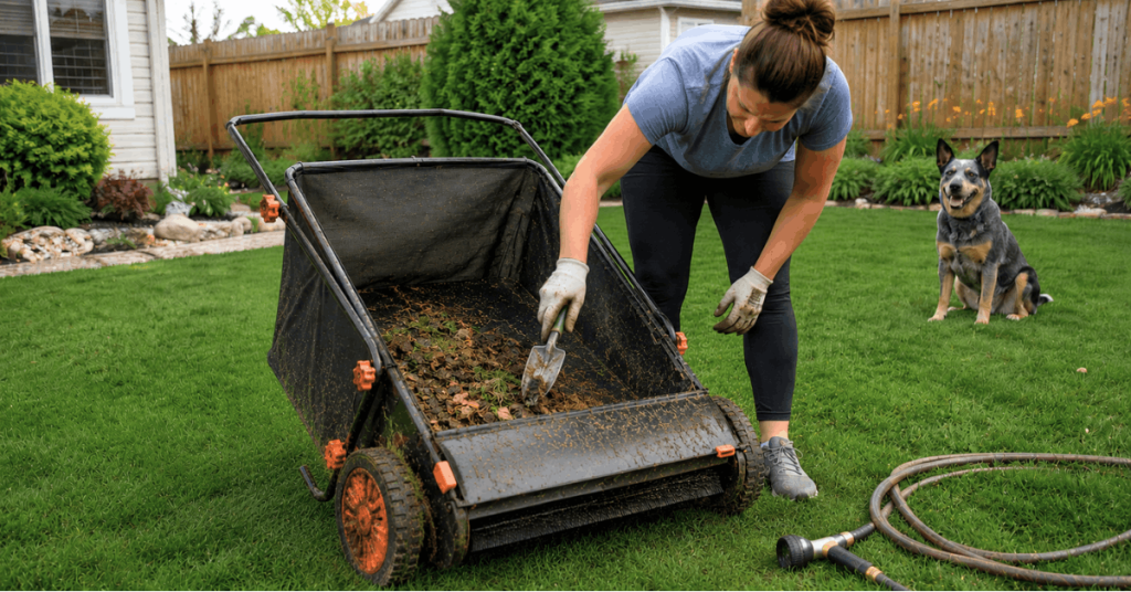 Using a Lawn Sweeper for Dog Poop: Pros and Cons | PoopFreeOKC.com Woman cleaning a lawn sweeper after trying to use it for dog poop cleanup in a backyard with a dog nearby.