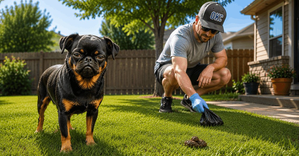 Why Scooping Dog Poop in the Summer Is Worse Than You Think | PoopFreeOKC.com Homeowner scooping dog poop from backyard lawn during a hot Oklahoma summer day.