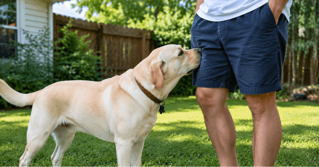 Why Dogs Smell People’s Crotches | PoopFreeOKC.com Curious dog sniffing near a person during a greeting in a backyard.