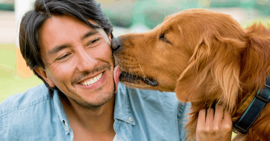 Why Does My Dog Lick Me? 10 Reasons Dogs Lick | PoopFreeOKC.com Dog licking its owner’s face as a sign of affection, greeting, and communication.