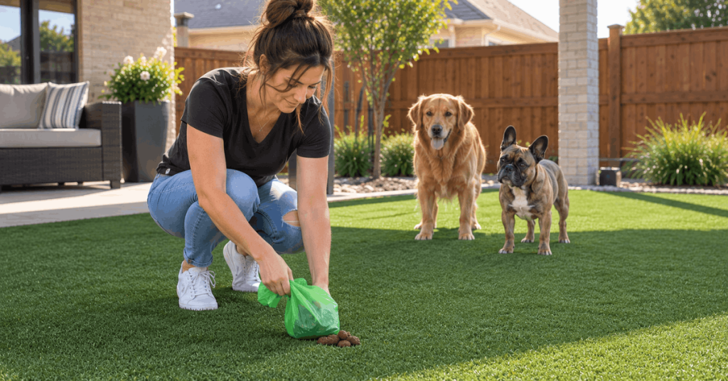 Woman picking up dog poop from artificial grass while two dogs stand nearby.